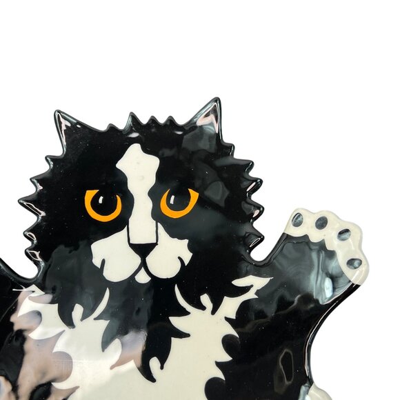 Cats by Nina Lyman Black White Ceramic Plate Platter Orange Eyes Laying on Back - Picture 2 of 11